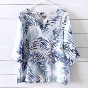 J.Jill White Blue Palm Tree Linen Tunic Top